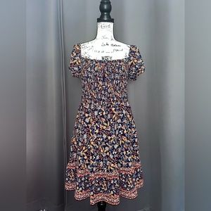 Colorful floral shirred bodice dress